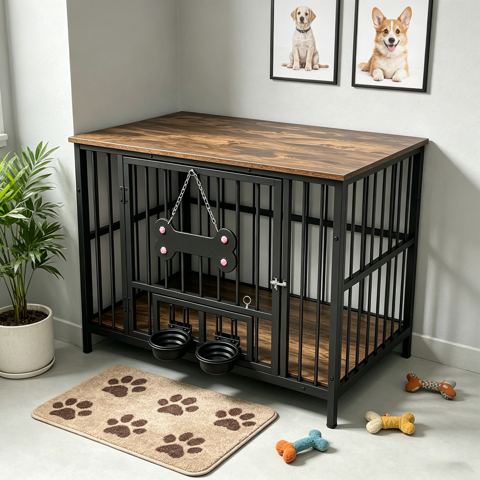 Wood-Grain Dog Crate with Rotating Bowls