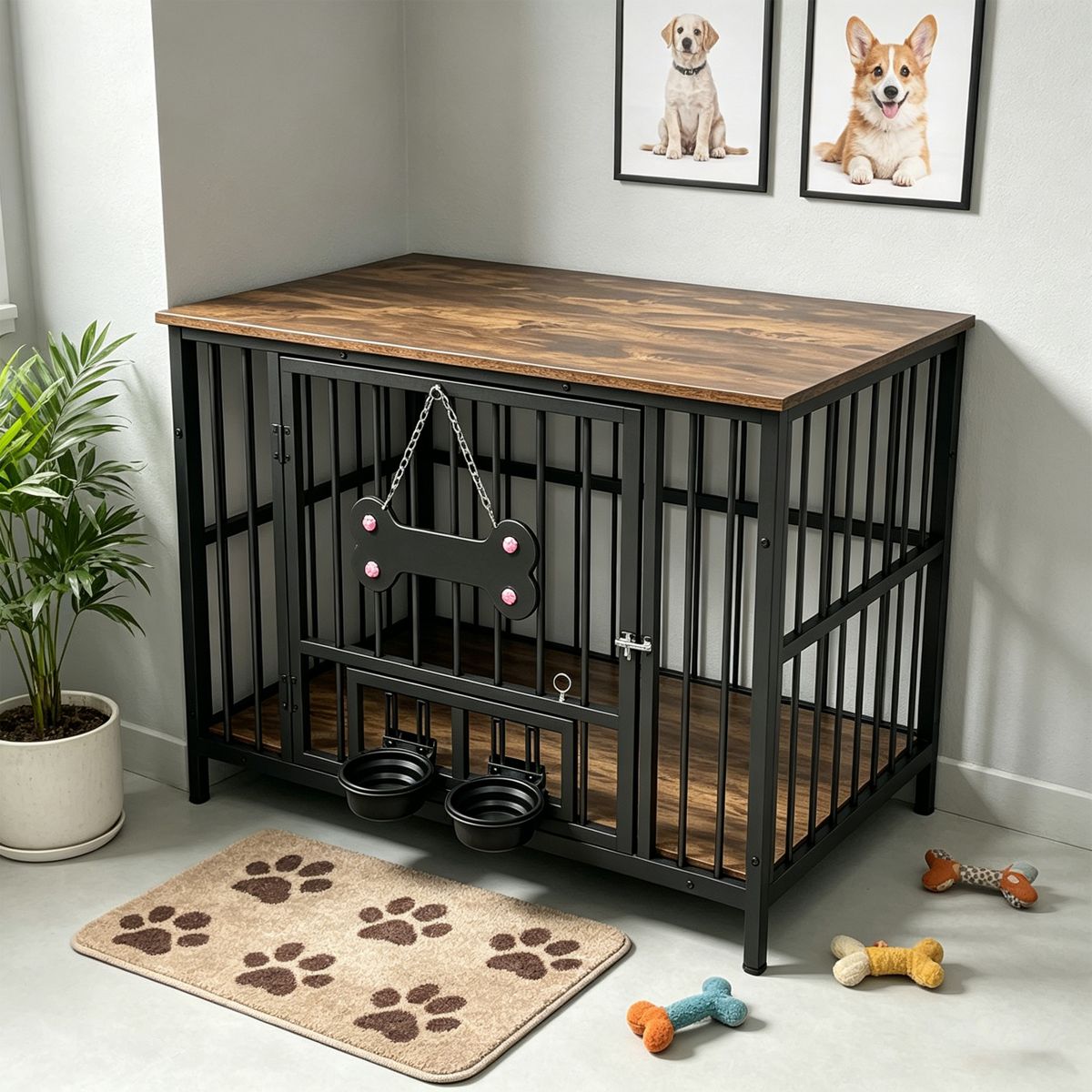 Wood-Grain Dog Crate with Rotating Bowls