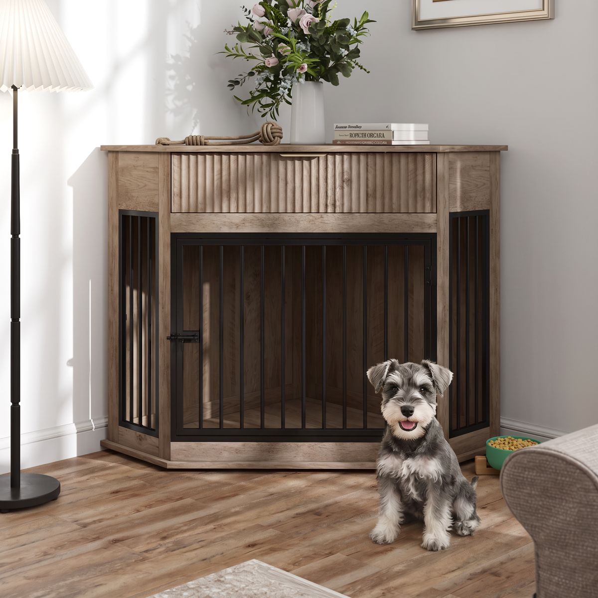 Corner Dog Crate Cabinet with Fluted Drawer