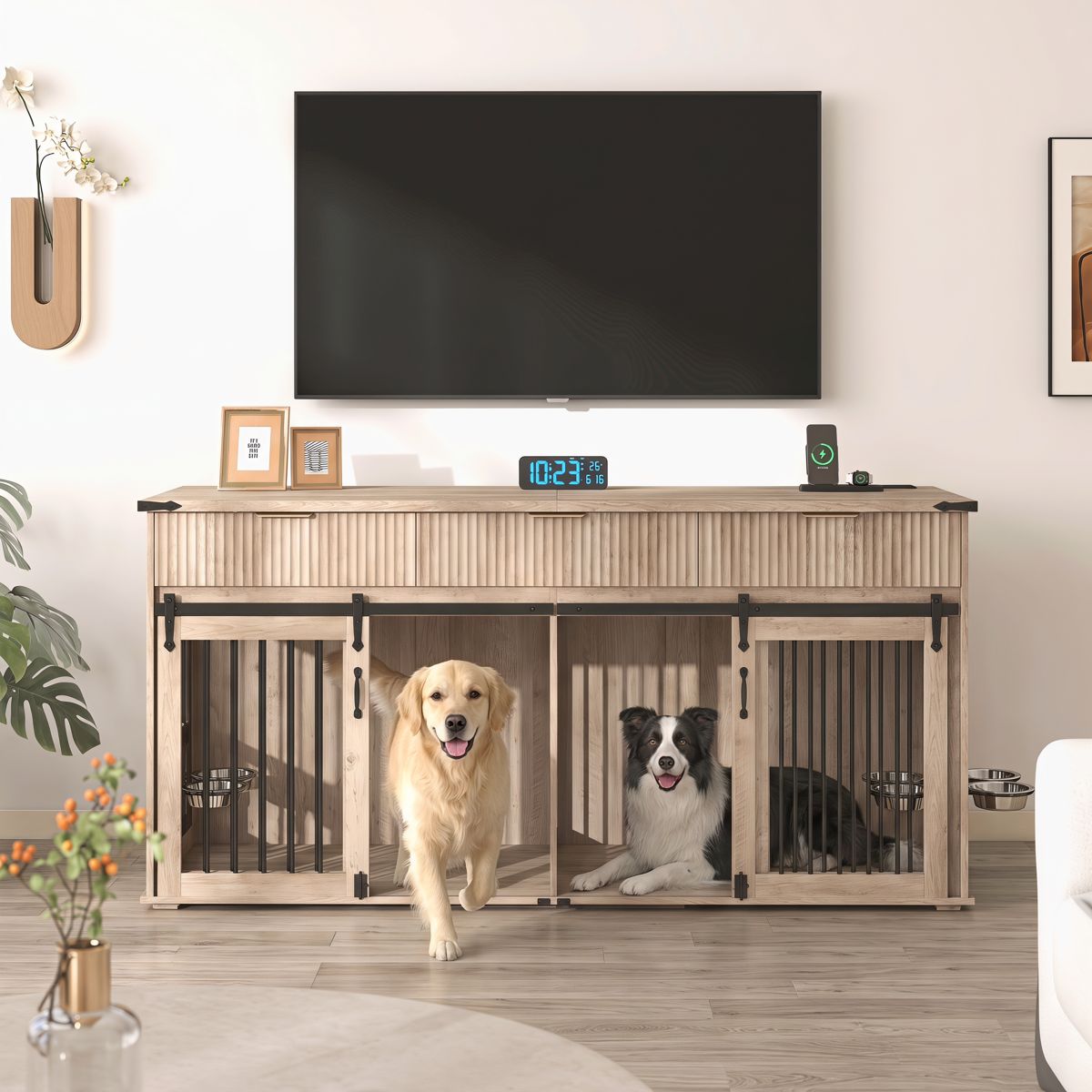 71-Inch Double Dog Crate Furniture with Drawers — view 2