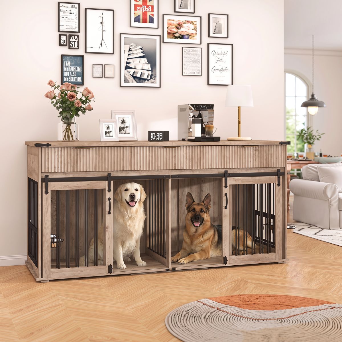 71-Inch Double Dog Crate Furniture with Drawers — view 3
