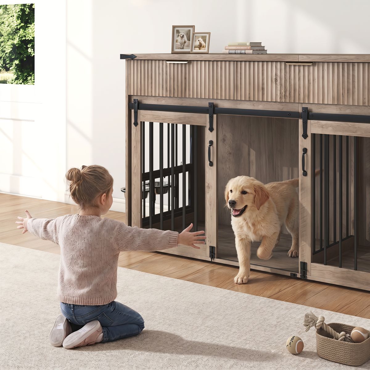 71-Inch Double Dog Crate Furniture with Drawers — view 4