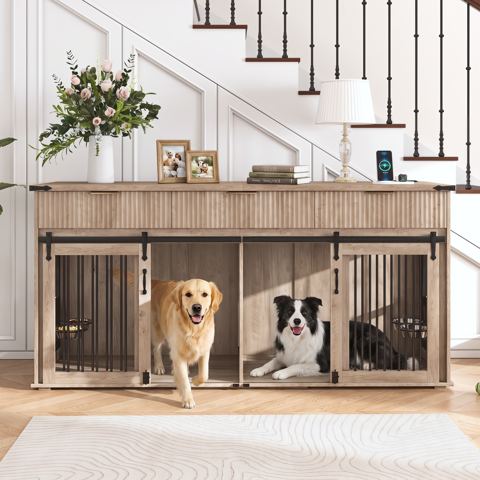 71-Inch Double Dog Crate Furniture with Drawers — view 1