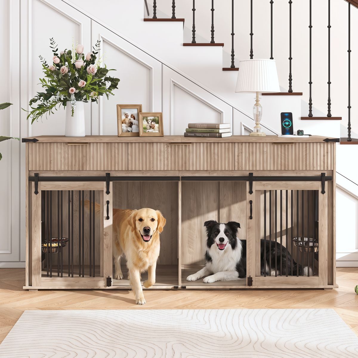 71-Inch Double Dog Crate Furniture with Drawers