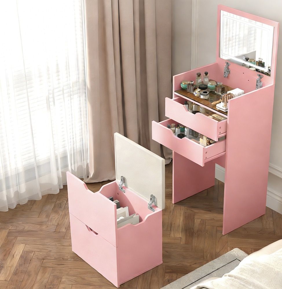 Flip-Mirror Dressing Table with Storage Stool — view 2