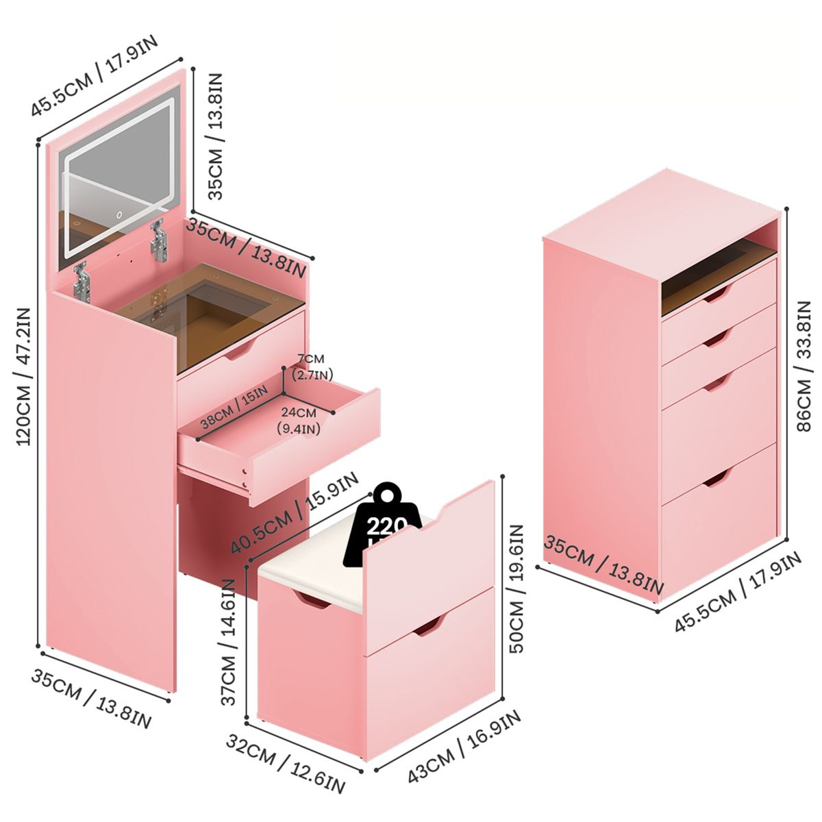 Flip-Mirror Dressing Table with Storage Stool — view 4