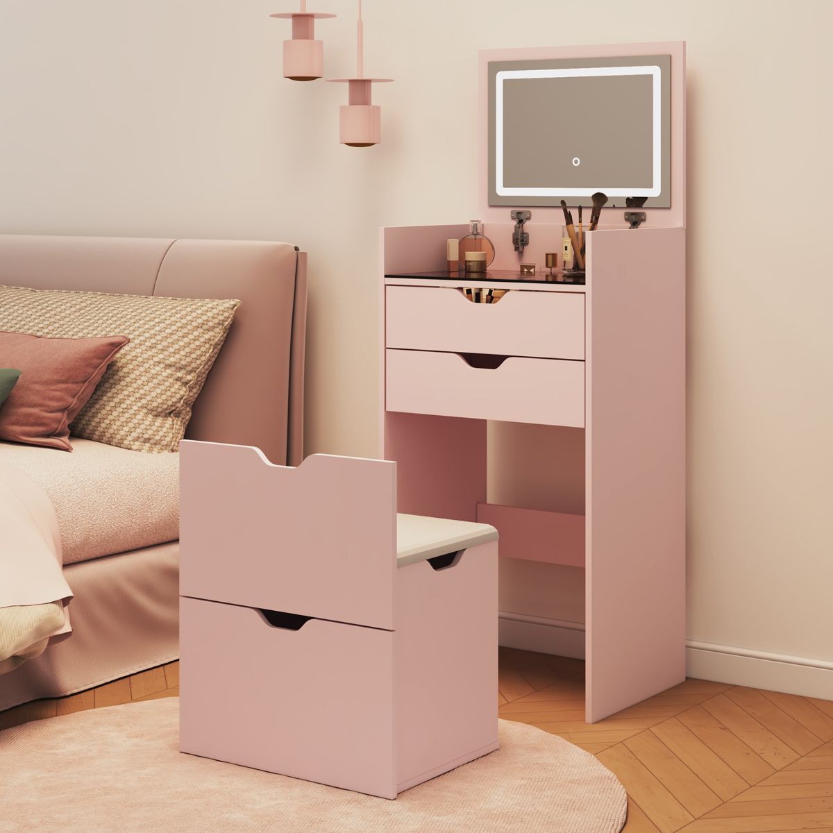 Flip-Mirror Dressing Table with Storage Stool