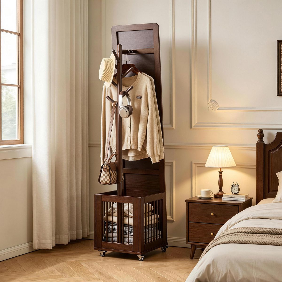 Rolling Coat Rack with Mirror and Basket — view 2