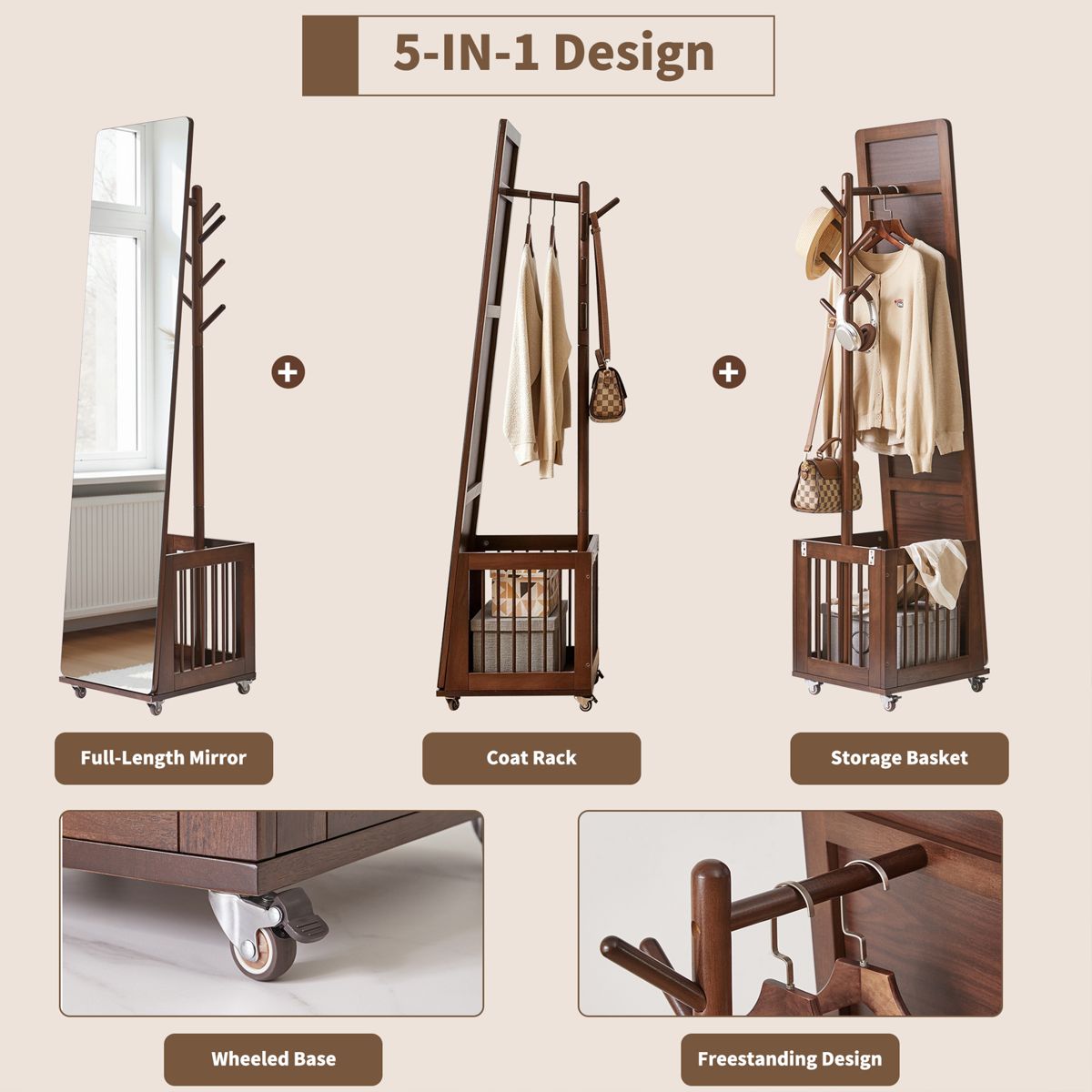 Rolling Coat Rack with Mirror and Basket — view 3