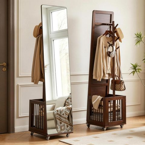Rolling Coat Rack with Mirror and Basket