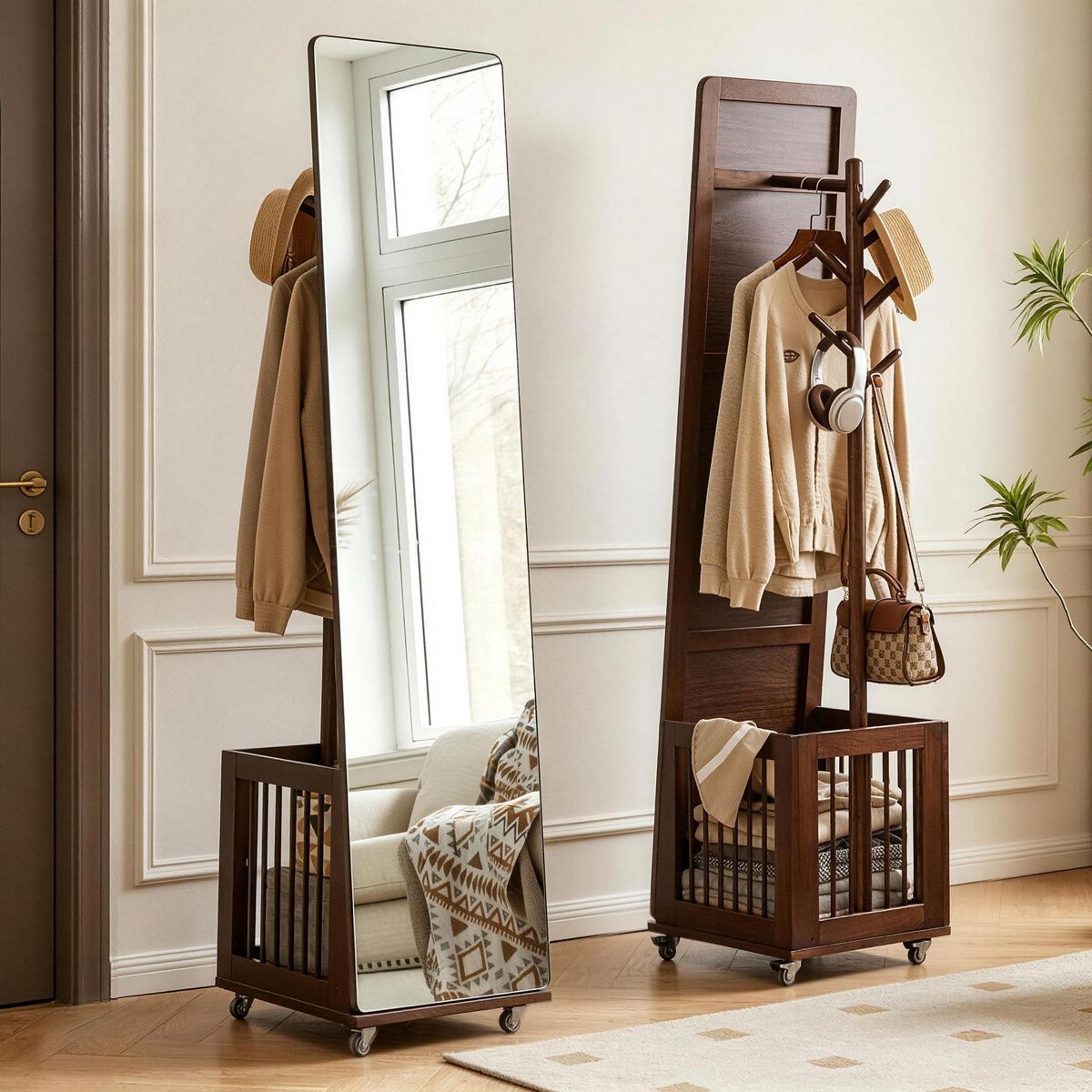 Rolling Coat Rack with Mirror and Basket