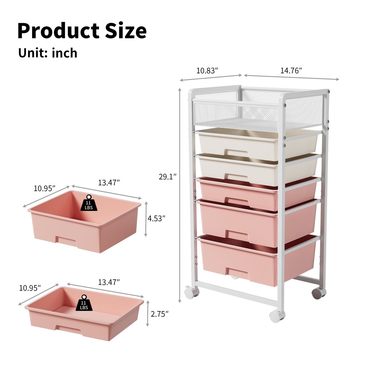 Five-Drawer Rolling Cart with Mesh Top — view 2