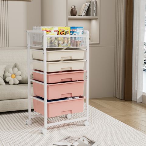 Five-Drawer Rolling Cart with Mesh Top