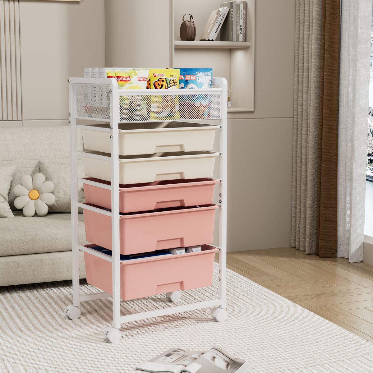 Five-Drawer Rolling Cart with Mesh Top