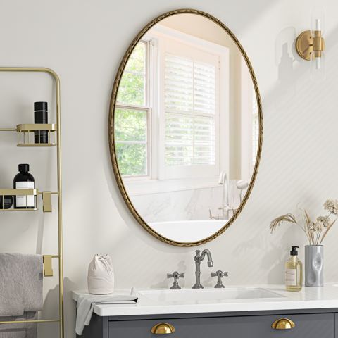 Oval Iron Frame Mirror with Antique Gold Finish