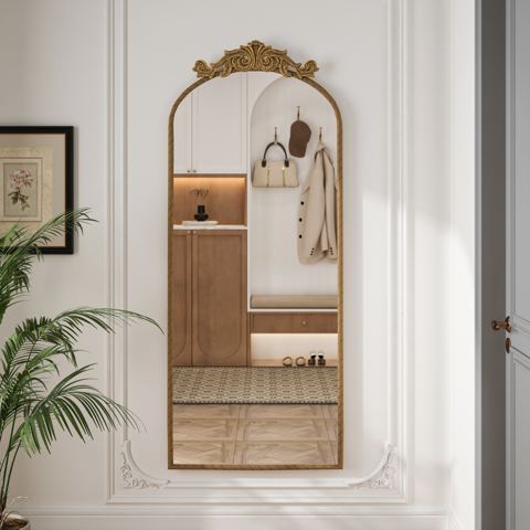 58x24-Inch Arched Mirror with Carved Applique