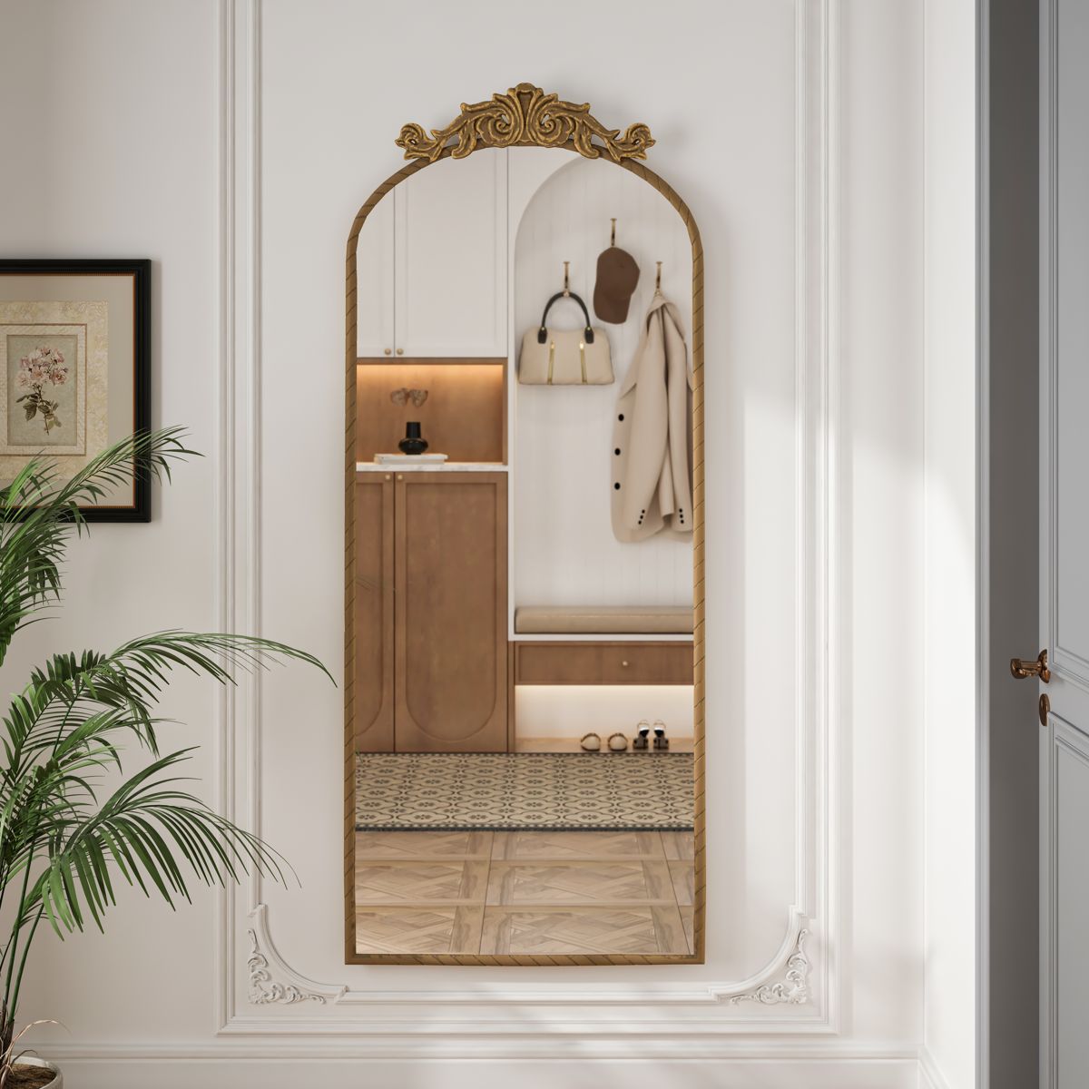 58x24-Inch Arched Mirror with Carved Applique