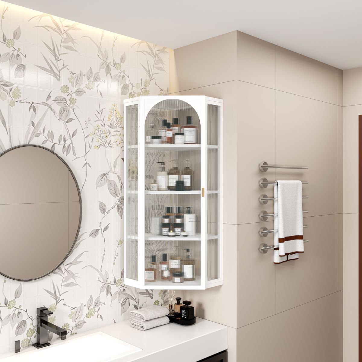 Wall-Mounted Glass-Door Corner Cabinet
