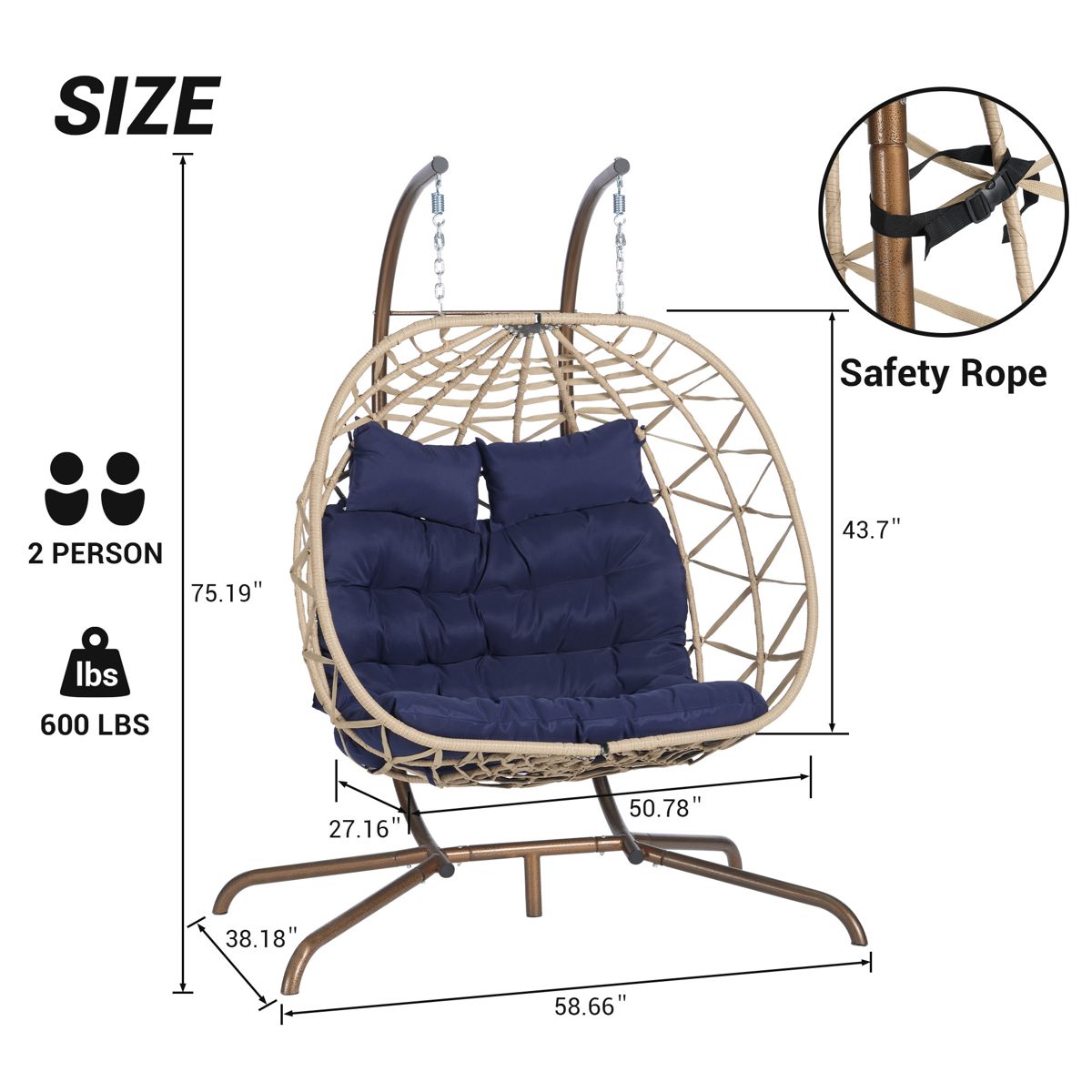 Hand-Woven Double Egg Chair with Stand — view 3