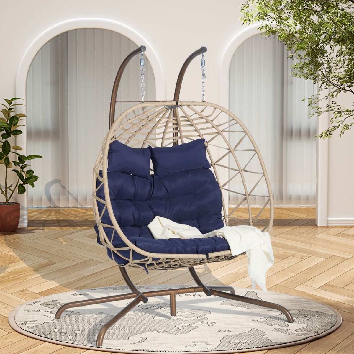 Hand-Woven Double Egg Chair with Stand — view 4