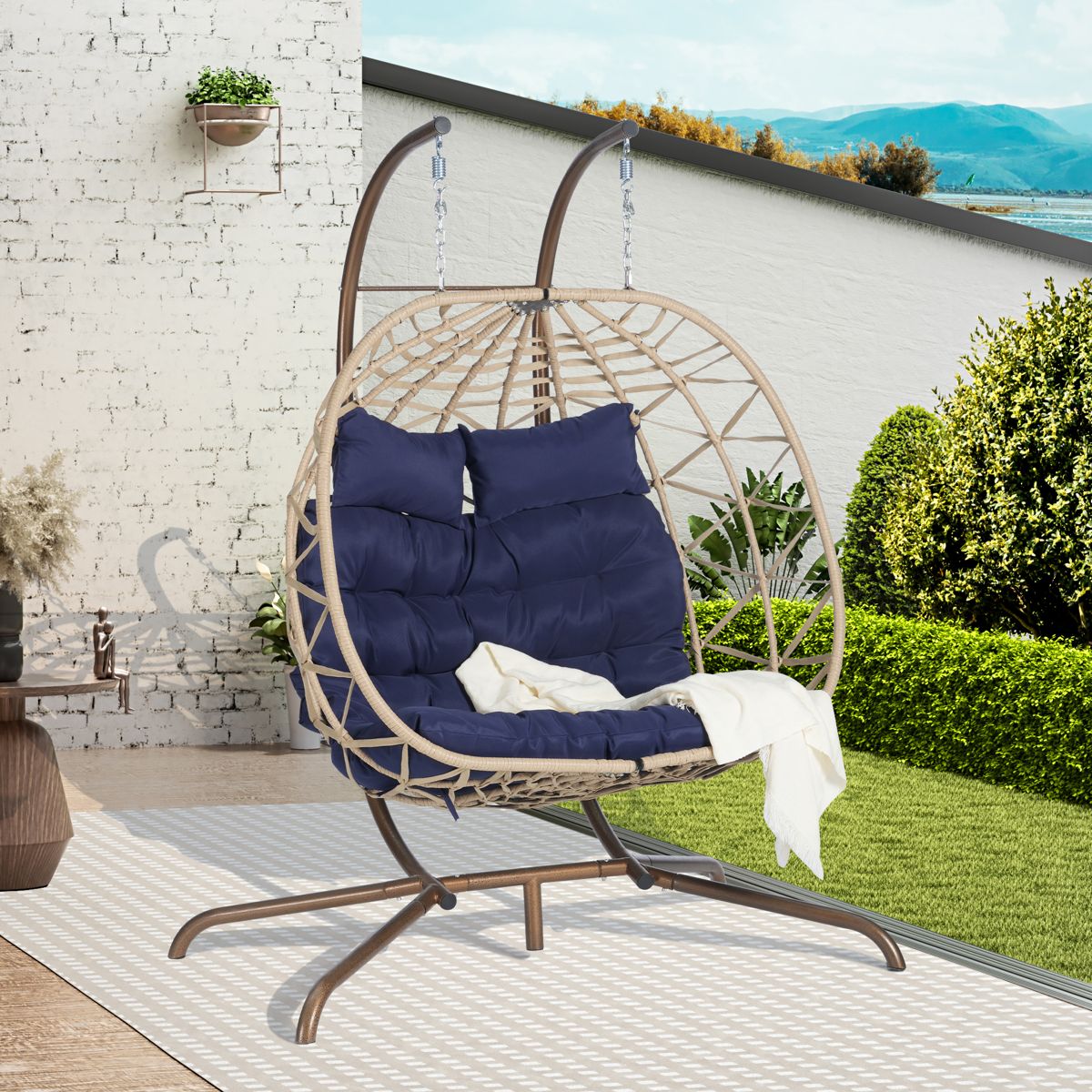 Hand-Woven Double Egg Chair with Stand