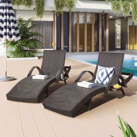 80-Inch Wicker Wave Chaise Lounges, Set of 2